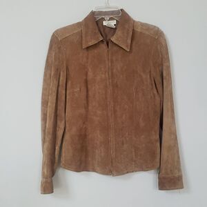 Jones New York Sport Sueded Leather  Jacket Shirt Womens sz 10 Tan Zip Up Fitted